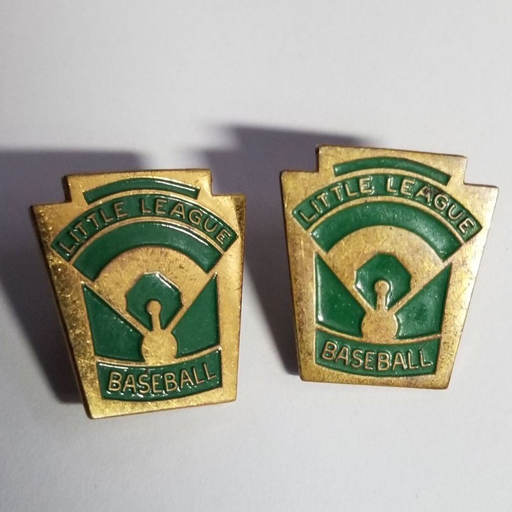 Two vintage little league baseball collar stud pins green enamel gold tone
